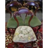 Three mahogany balloon back chairs, shaped top rail, serpentine stuffed overseat,