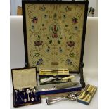 An embroidered fire screen; flatware inc EPNS soup spoons; Royal Crown Derby knife, tea spoons,