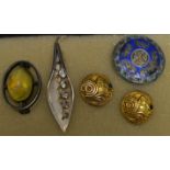 Jewellery - a Chinese enamel brooch; a gilt Art Nouveau brooch; another,
