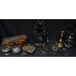 Boxes and Objects - a carriage lamp; a pair of Prinzlux binoculars; a brass candlestick;