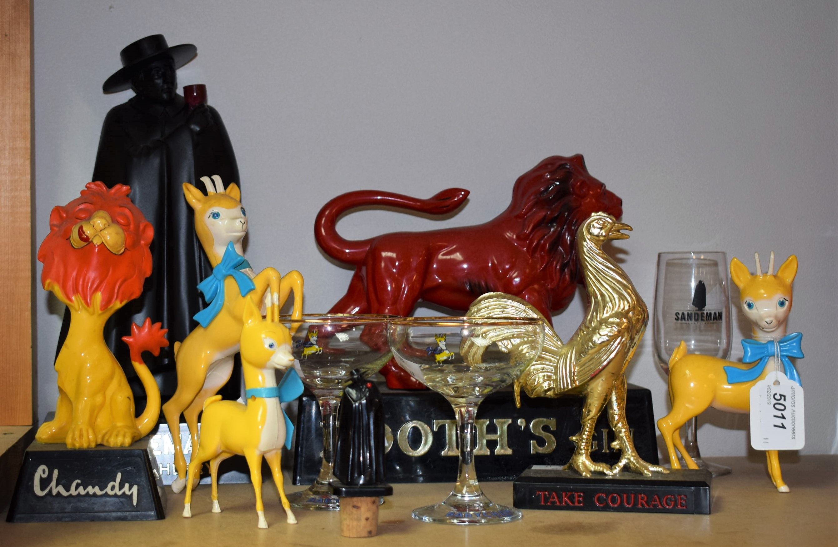 Advertising/Breweriana - a plastic Booth's Gin bar model of a lion; others, Take Courage, Chandy,