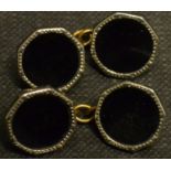 A pair of black onyx white metal capped octagonal panel cufflinks, base metal bodies, 3.