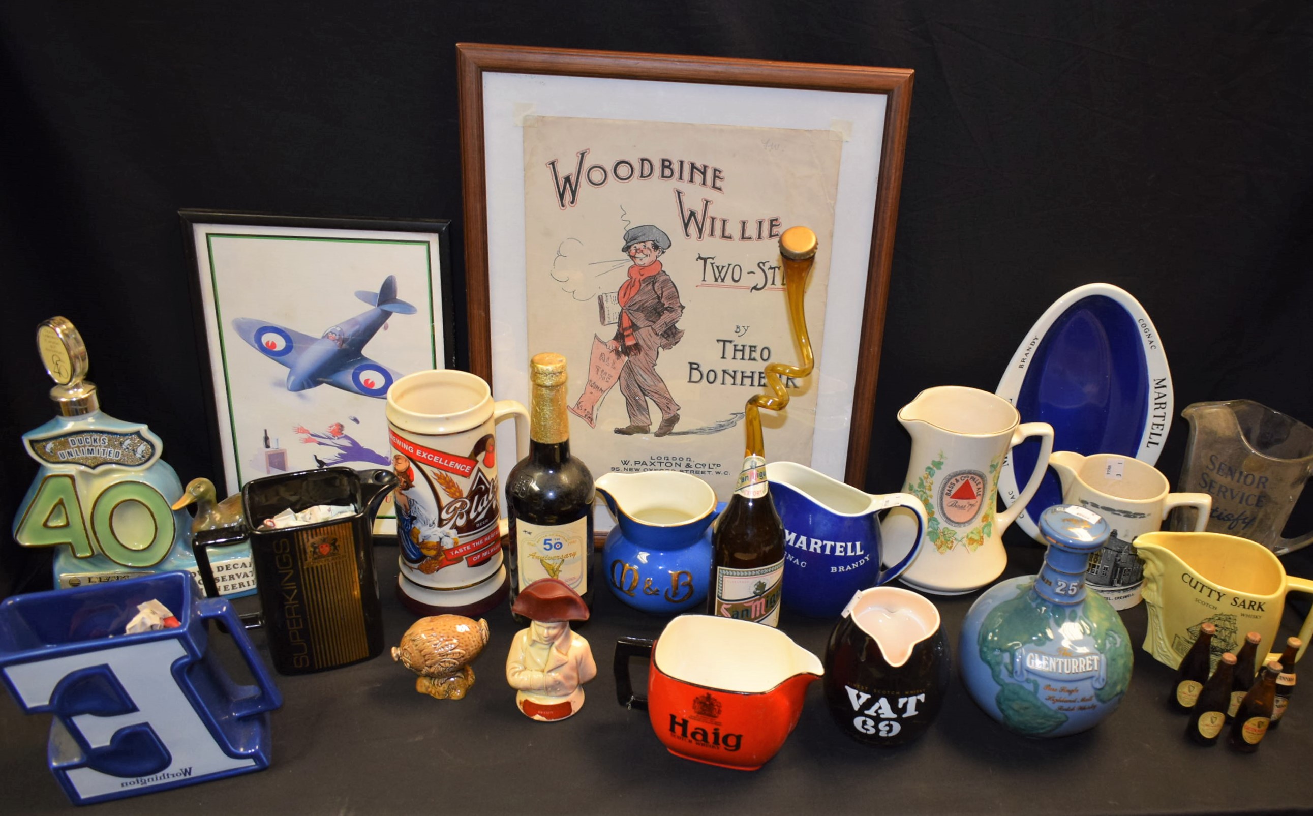 Advertising - an S Whittingham pub jug, R Davies, Station Hotel, Creswell; others, Whisky jugs,