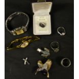A silver and Tahitian pearl ring; other silver rings; wristwatches,