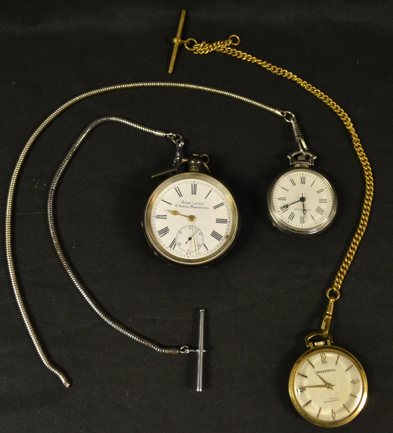 A silver open faced pocket watch; a Ingersoll pocket watch;