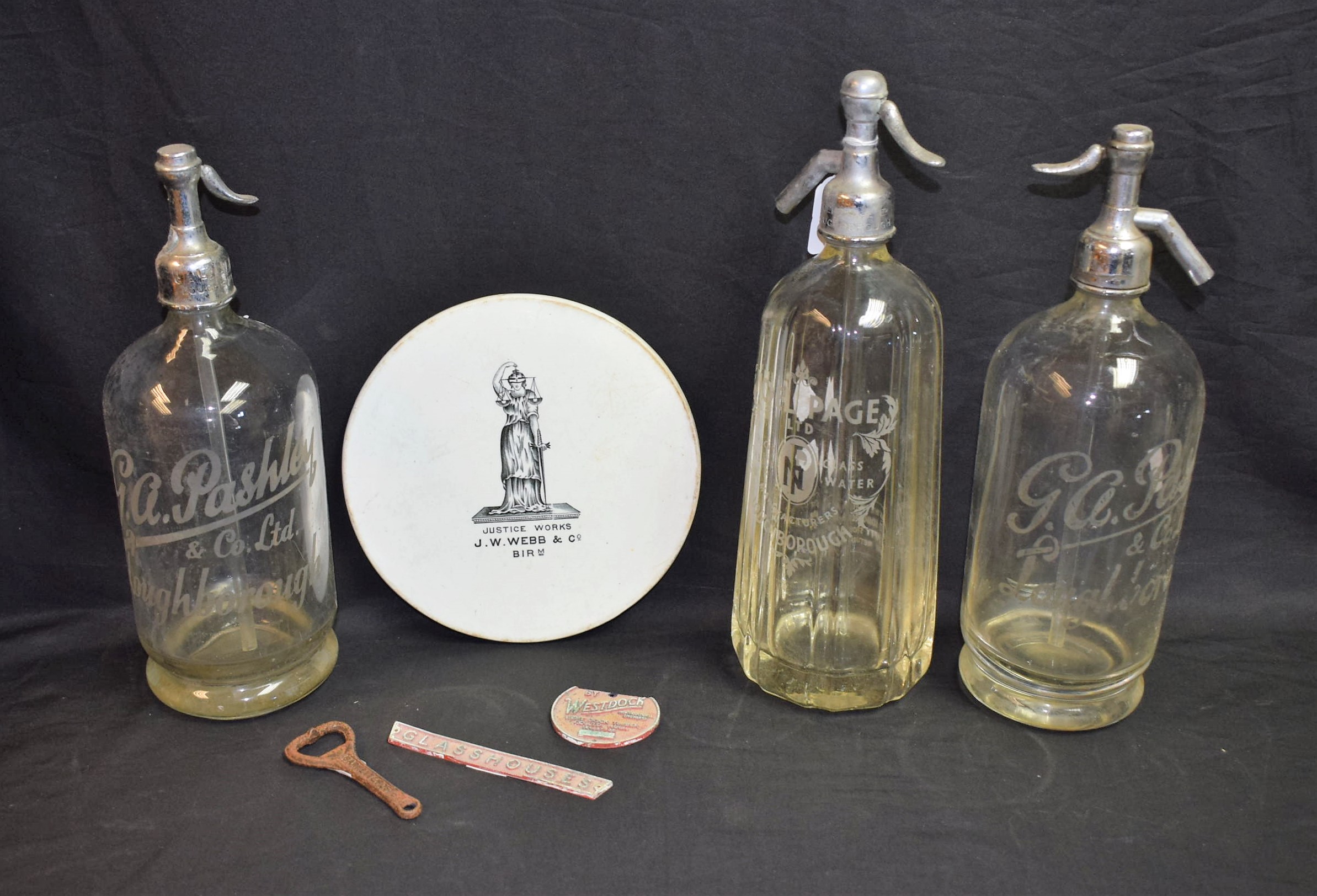 Advertising - a soda syphon, Noel Page Ltd, Loughborough; a pair of soda syphons, G A Pashley,