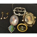 A 19th century portrait/mourning brooch, lady of fashion, painted on silk,