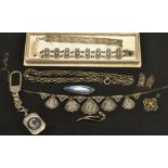 Jewellery - an Egytian silver scarab beetle panel bracelet and pair of cufflinks; a silver key ring;