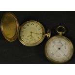 An Art Deco gold plated hunter cased pocket watch, textured dial, Arabic numerals,