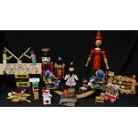 Wooden Toys and Games - large nutcracker soldier; Pinocchio, alphabet Train; Rocking horse,