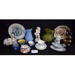 Ceramics - Victorian relief moulded jugs, Meissen onion pattern sauce boat, Quimper,