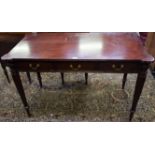 A reproduction mahogany centre table, hipped rectangular top above three frieze drawers,