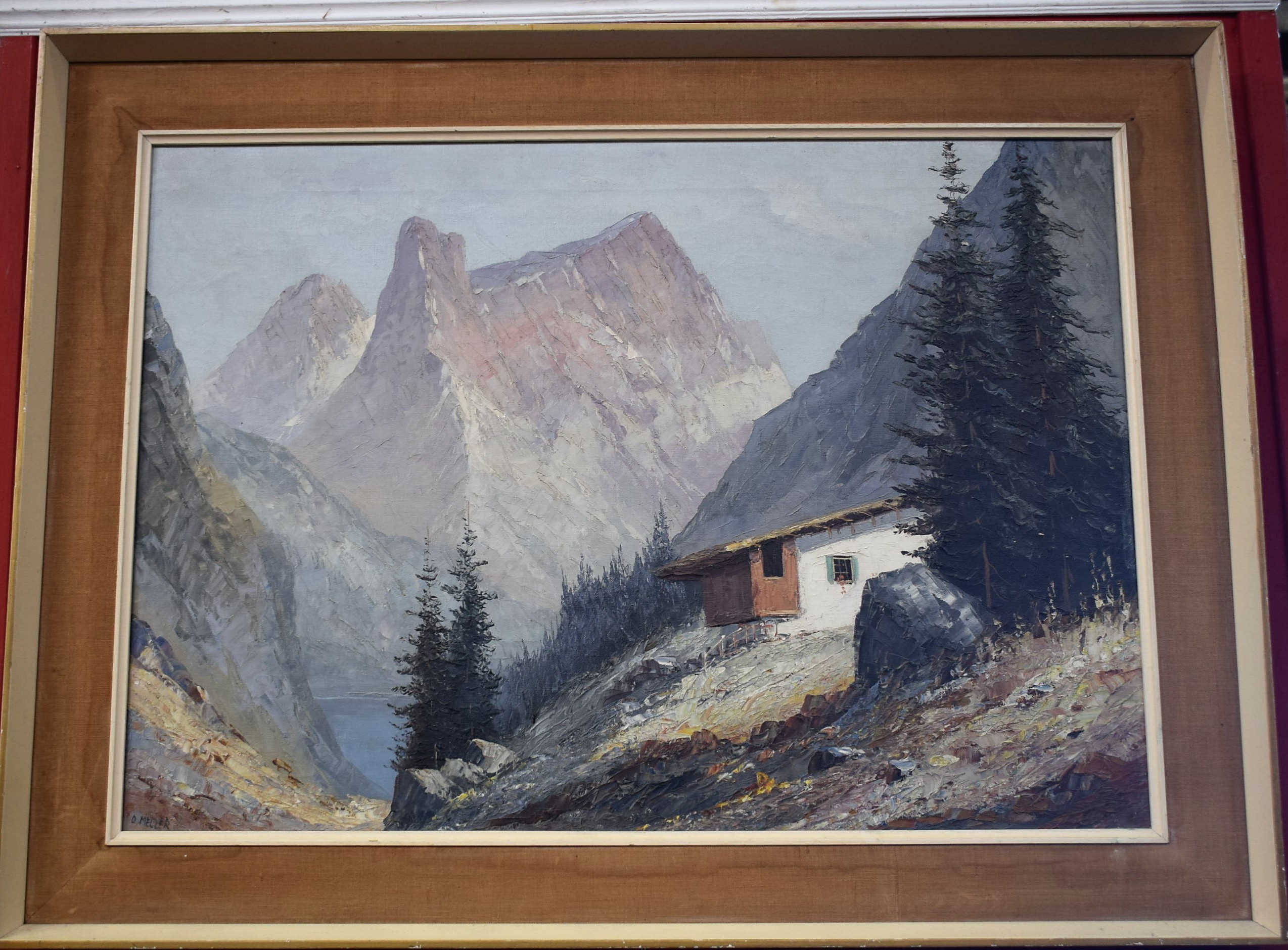 O Melzer (20th century) Alpine Landscape with lake, lodge and trees signed lower left,