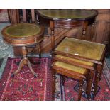 A reproduction mahogany demi lune side table, shaped top with inset tooled surface; others similar,