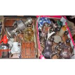 Boxes and Objects - various, silver plated ware, including coffee pot, candleabra, etc; an oil lamp,