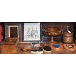 Boxes and Objects - a treen tazza, biscuit barrel, a marquetry inlaid work box, photograph frames,
