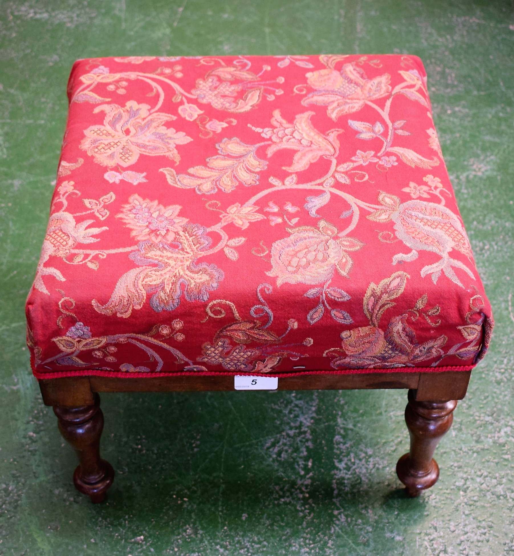 A George IV mahogany foot stool, red upholstery, 36cm wide, 38cm deep,