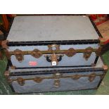 A metal bound Overpond travelling trunk, 91cm wide; another, smaller,