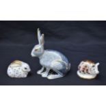A Royal Crown Derby paperweight, Starlight Hare, gold stopper; others, Imari Piglet, a Rabbit,