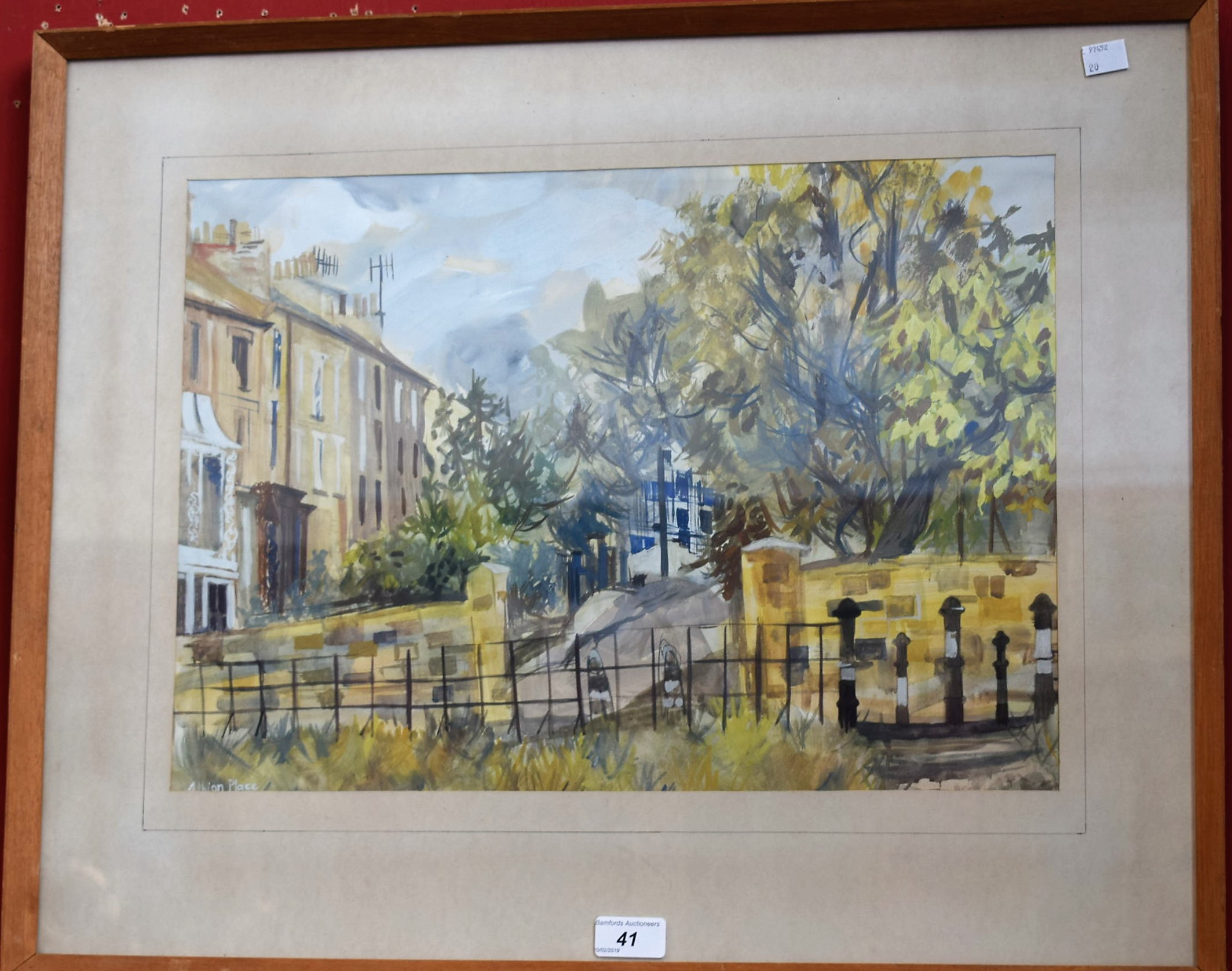 Janet Minty Albion Place signed, watercolour, label to verso, 48cm x 33.