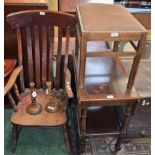 A Priory style oak tea trolley; a kitchen chair; a pair of oak twisted candlesticks;
