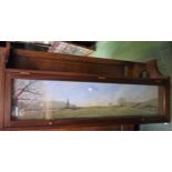 A wall hanging display cabinet, pastoral scene to rear, approx 122cm length,