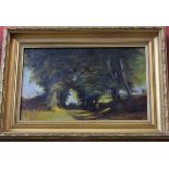 H Groves Cart on a Woodland Track signed, oil on board, 34.5cm x 21.
