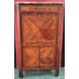 A 19th century French walnut secretaire a abattant, Rosso Antico marble top above a frieze drawer,