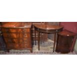 A reproduction mahogany wall hanging corner cupboard; a demi-lune side table;