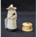 A miniature Royal Worcester circular box and cover; a Royal Worcester candle snuffer,