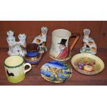 Ceramics - a Zell chicken mug; a pair of Staffordshire Dogs; a Coalport castle;