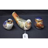 A Royal Crown Derby paperweight, Little Owl, gold stopper; others, similar, a Red Legged Partridge,