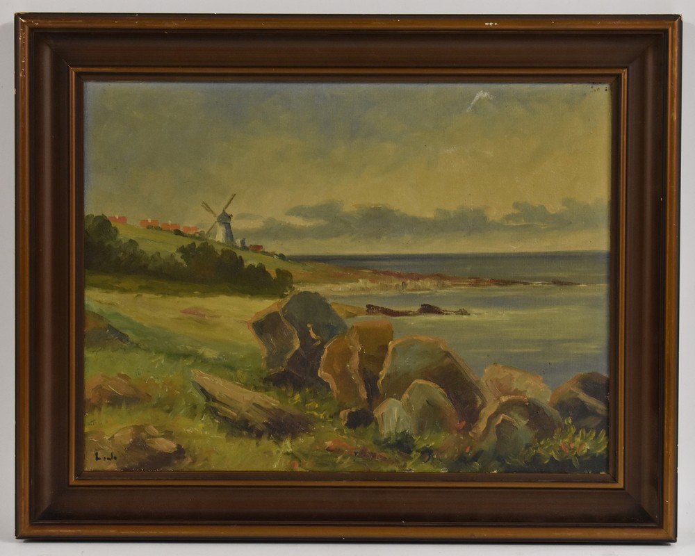 Continental School (mid 20th century) Coastal Windmill indistinctly signed, oil on canvas,