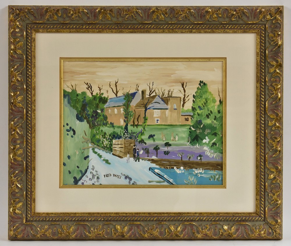 Fred Yates Country Farmhouse with Figures signed, gouache, 43.