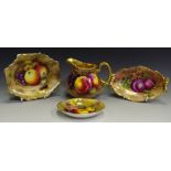 Three English fine bone china trinket dishes painted with still life observations of fruit,