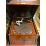 A HMV 103 wind up table top gramophone with mahogany case and exhibition sound box