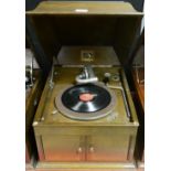 A HMV 103 wind up table top gramophone with oak case and exhibition sound box