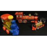 A Japanese Modern Toys tin plate battery operated Frontier Train, red and black body,