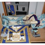 Masonic Interest - Masonic regalia including aprons, sash, two hallmarked silver Masonic jewels,