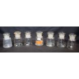 A set of seven early 20th century glass apothecary jars, hollow ground glass stoppers,