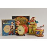 A Daiya, Japan wind-up tin plate Mechanical Clown Drummer,