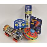 Space Toys - an astronaut toothbrush and space game, in original packaging; a spinning top,
