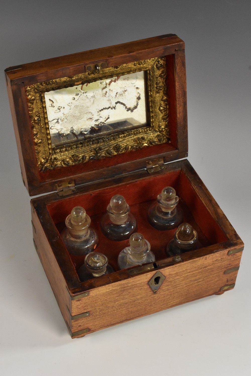 A 19th century Indian hardwood and brass marquetry scent or apothecary box,