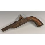 A 19th century double-barrelled pin fire pistol, 10.5cm octagonal barrels, fluted walnut stock, 20.