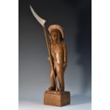 A French oak carving, of a partisan, he stands, holding a halberd, rectangular base,