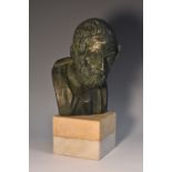 Grand Tour School, after the antique, a verdigris patinated portrait bust, Homer, marble base,