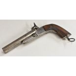 A 19th century double barrel pin-fire pistol, 12cm octagonal barrels, breach loading,