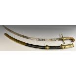 A 19th century Mameluke type sword, of shamshir form, 82cm curved blade engraved with trophies,