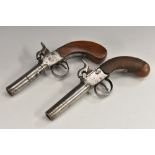 A 19th century percussion pocket pistol, 7.5cm barrel, chequered grip, 18cm long, c.
