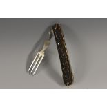A 19th century gentleman's travelling fork, by Lund, Fleet Street, London, steel three-prong blade,